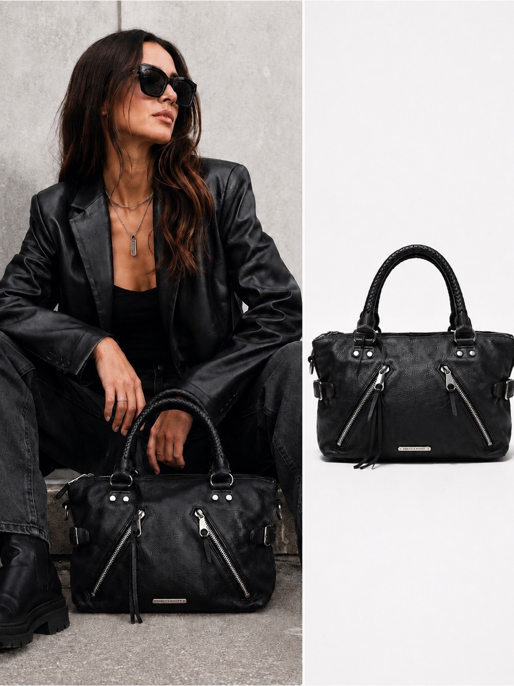 Rebecca Minkoff Black Leather Moto Satchel Handbag Silver Hardware